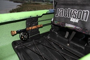 Rod stowage secured along side seat (image taken from rear of kayak)